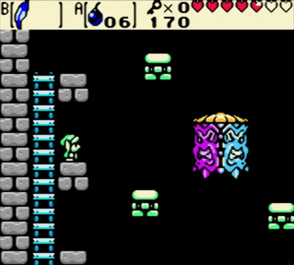 Link at the ladder with six bombs in hand as Head Thwomp faces wait above the platforms