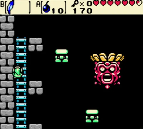 Link on the ladder at the left of the Head Thwomp arena with the red face above