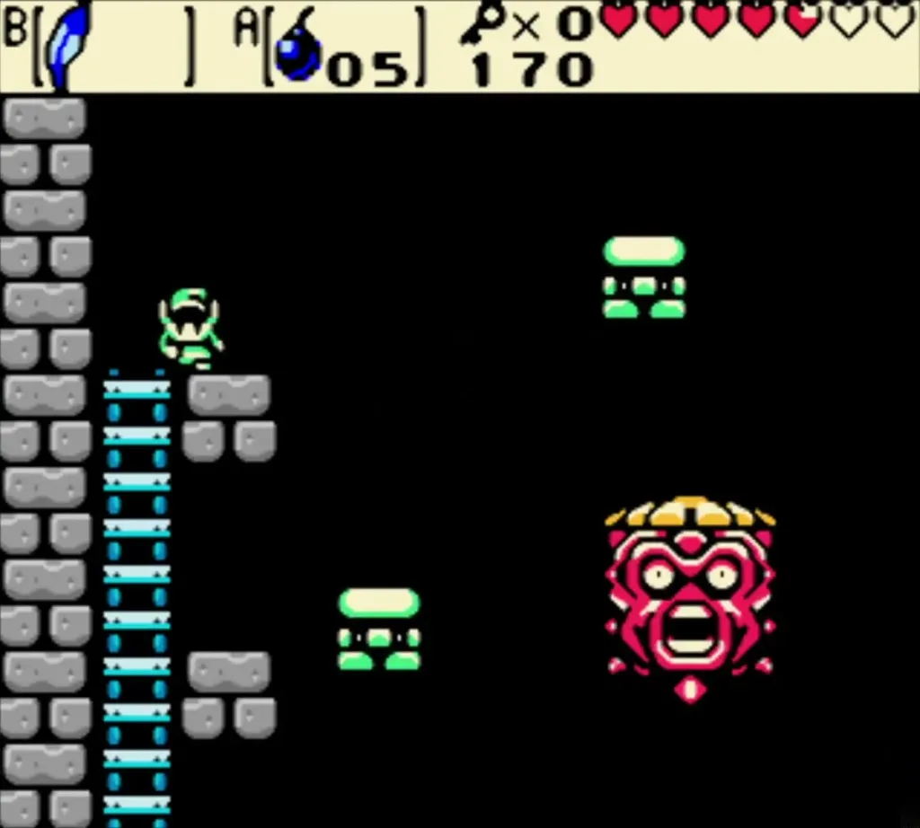 Red Head Thwomp face above the platforms with Link on the ladder