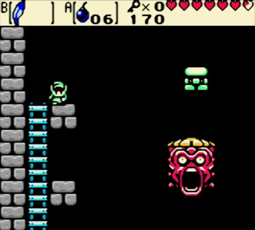 Head Thwomp red face with its mouth open above the platforms while Link stands on the ladder