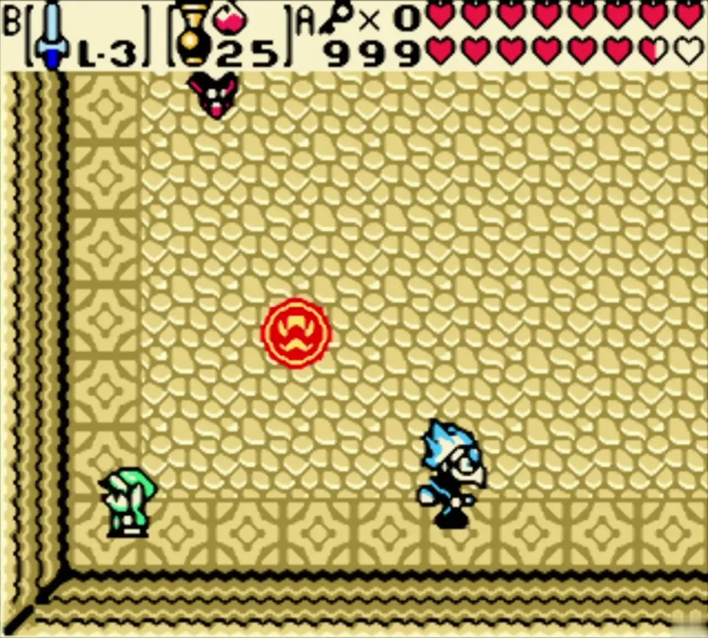 Link swings his sword at a shot between Koume and Kotake the blue witch
