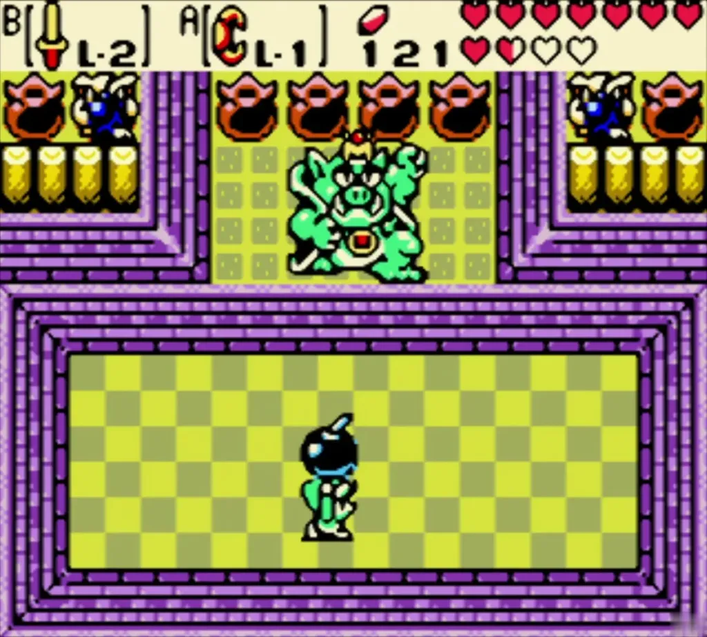 Link carries a bomb overhead toward the Great Moblin's throne