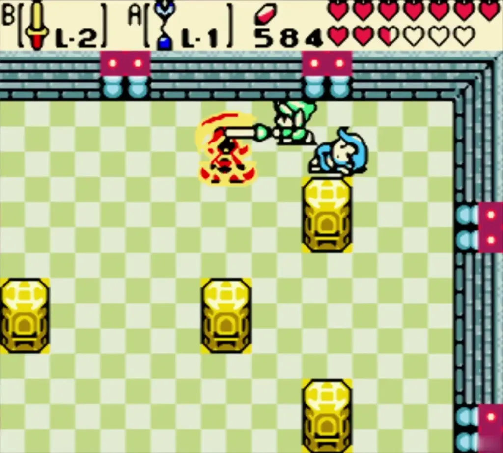 Link slashes Veran's spirit while Nayru's empty body lies nearby