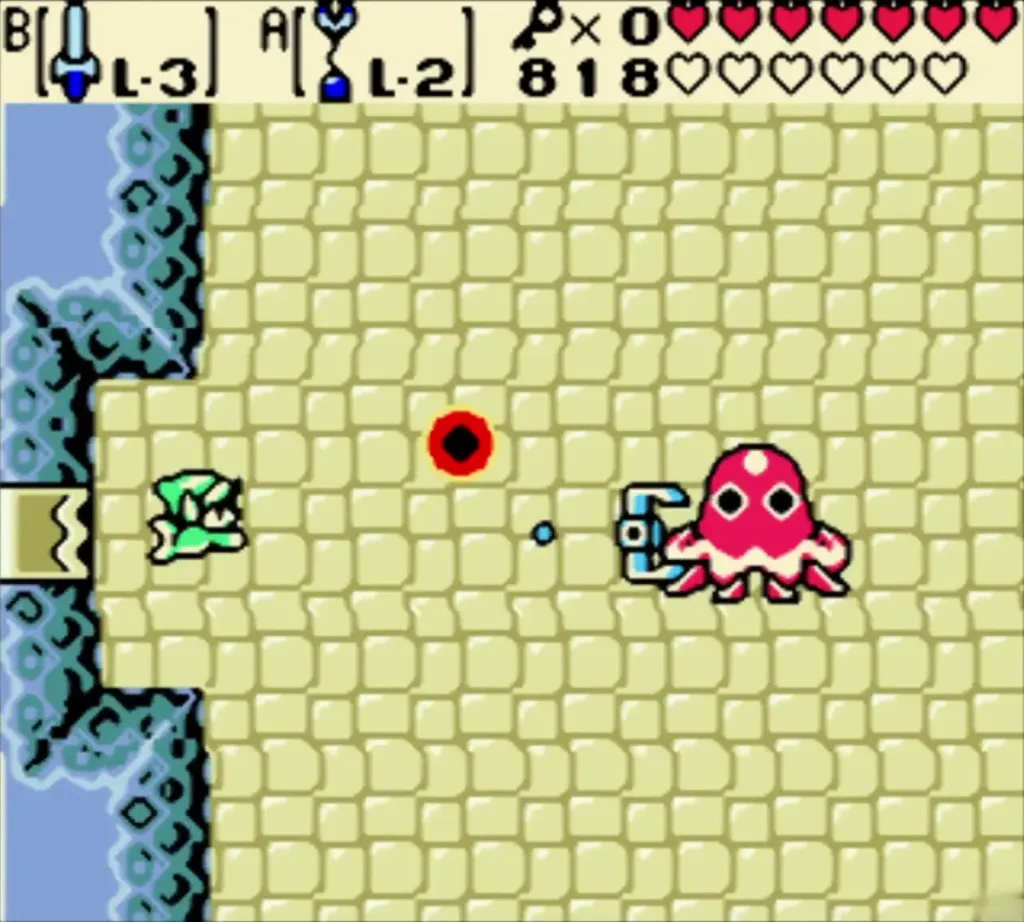 Link lined up with the red Plasmarine as its energy ball crosses the yellow brick boss room