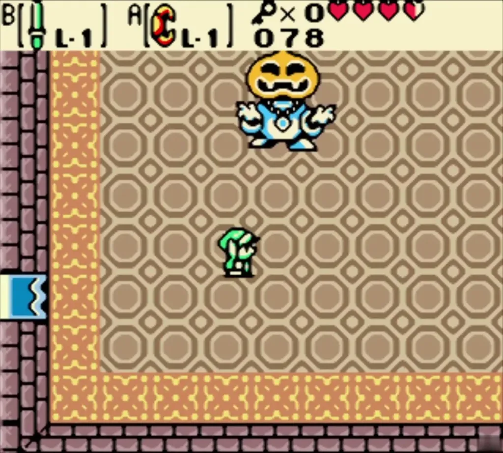 Pumpkin Head in its blue gown on the octagon floor of the boss room