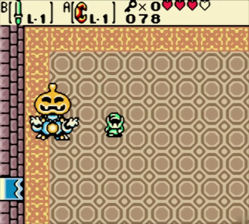 Pumpkin Head in its gown near the left wall as Link stands on the floor
