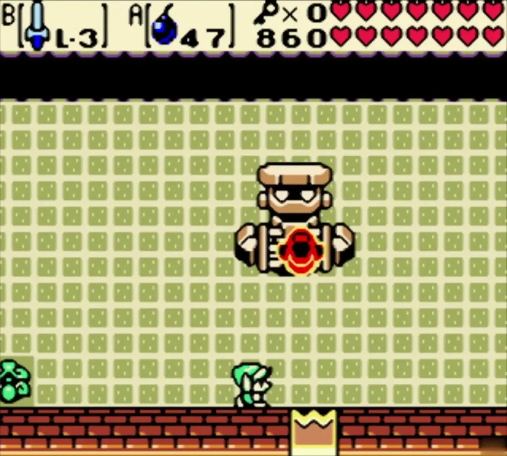 A flashing red bomb lands between Ramrock's hands in the boss room