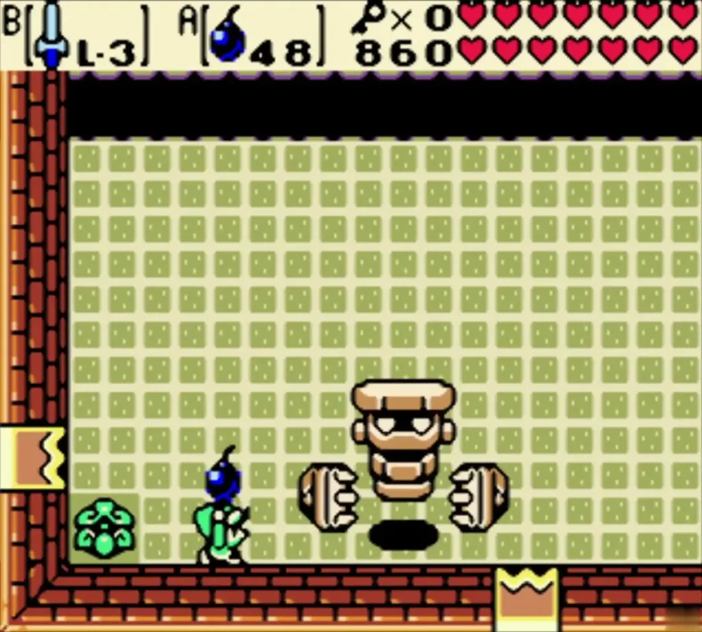 Link holding a bomb beside Ramrock in the green grid boss room