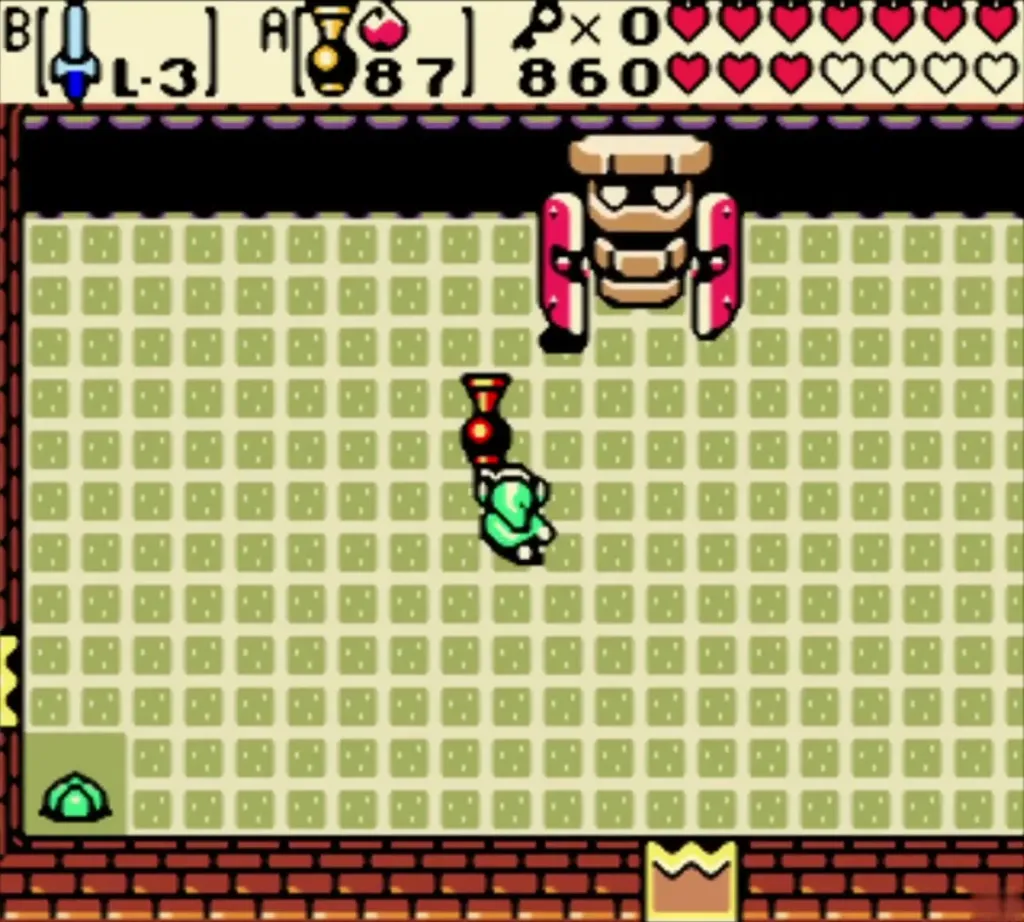 Link beneath red Ramrock firing the Seed Shooter up at the back wall