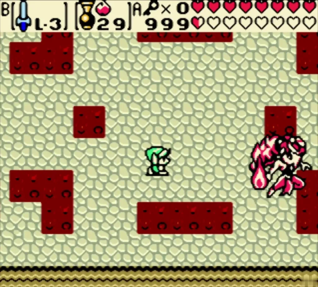Link fires a seed at Twinrova across the fire floor