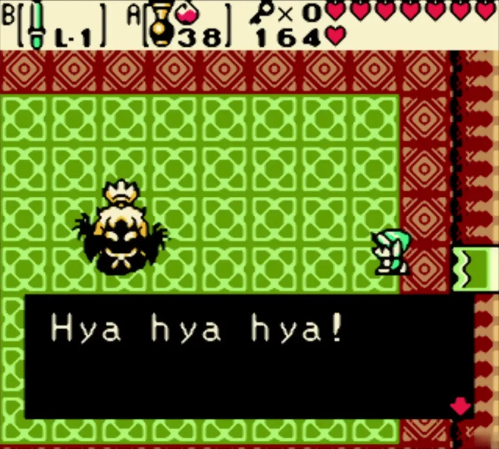 Shadow Hag on the green tiled floor with Hya hya hya laugh box and Link at the right