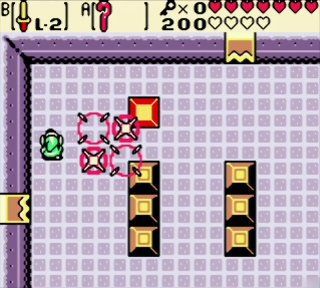 Link dodging a spread of pink bolt shots in the Smog room