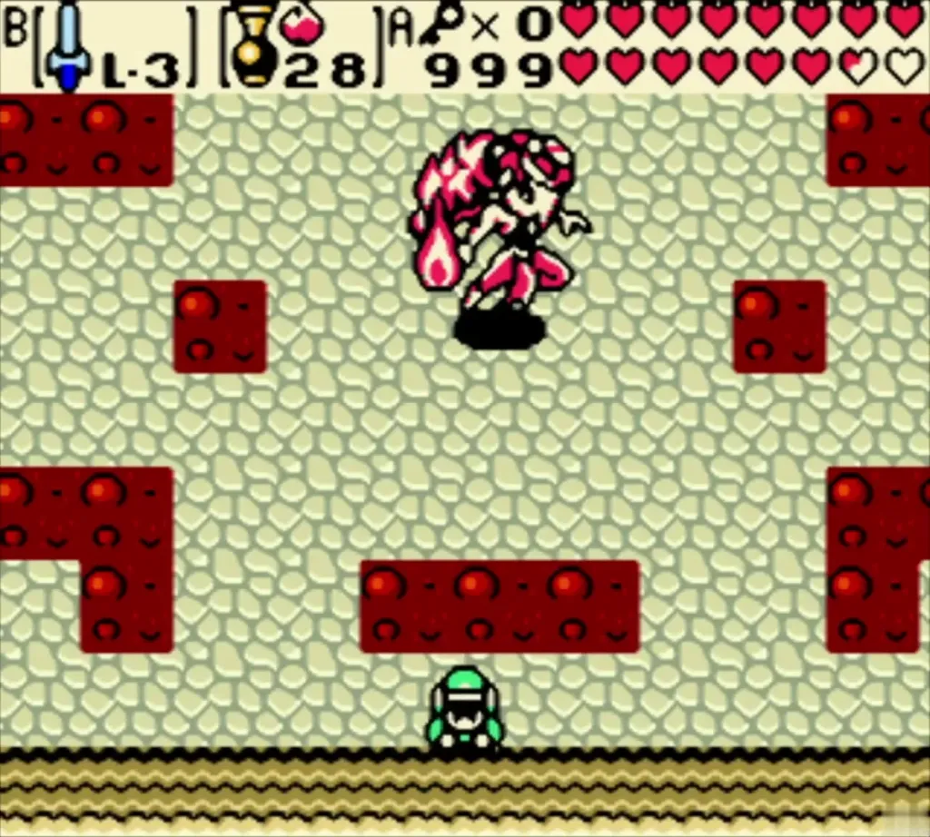 Twinrova hovers above the fire floor beside her fireball as Link waits below