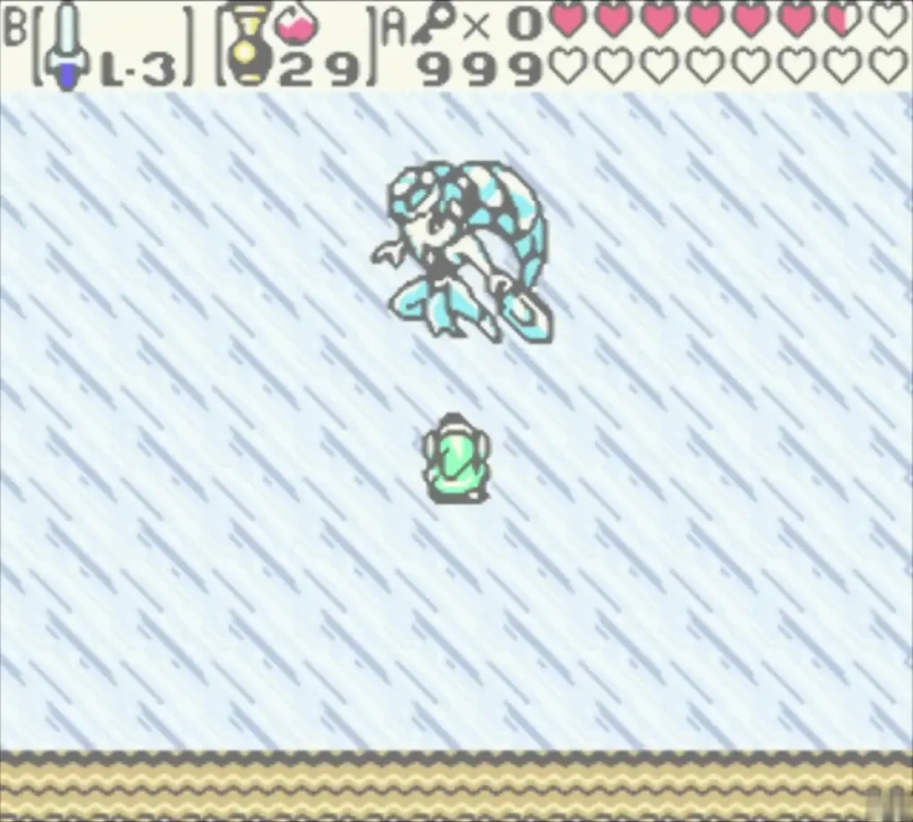 Link crosses the slippery ice floor below Twinrova's ice form