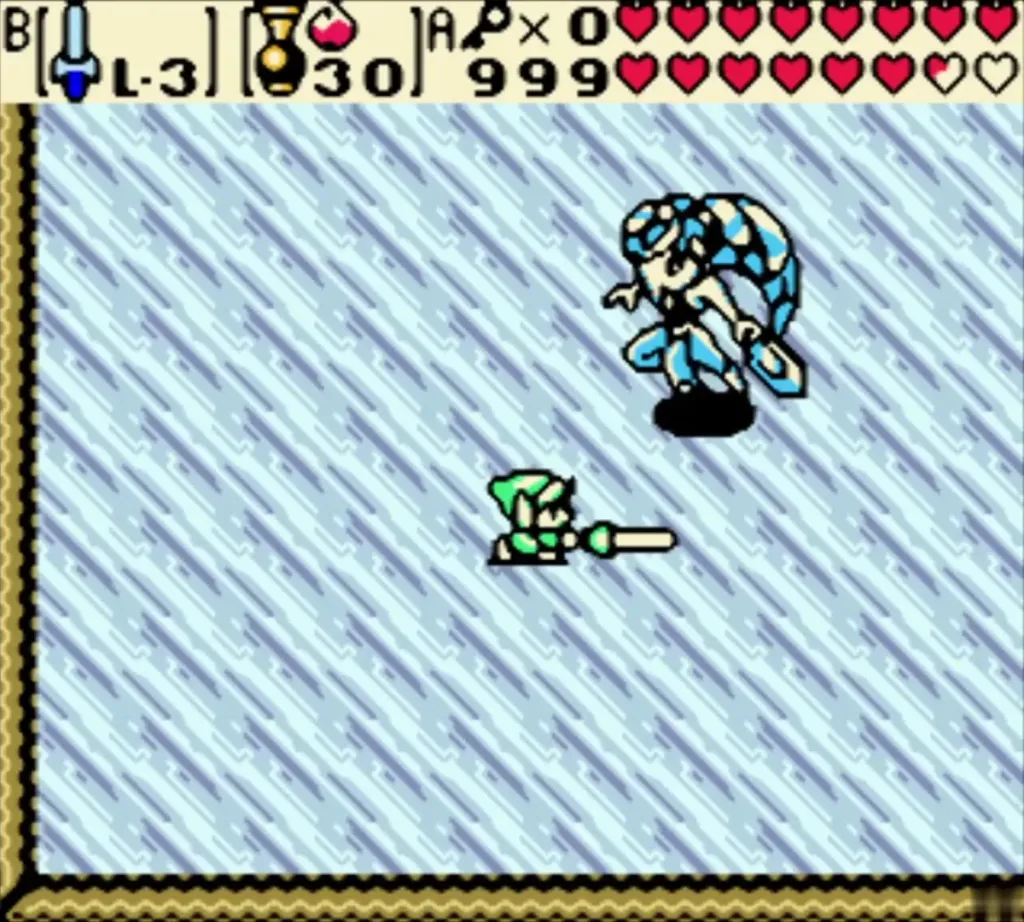 Link aims at Twinrova's blue ice form on the icy floor