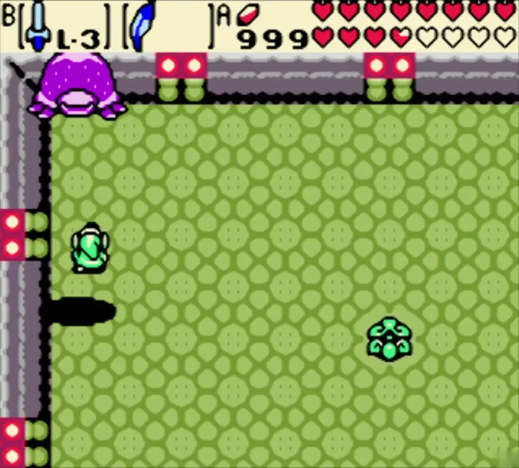 Veran's beetle form hovers at the edge of the pit field while Link waits below