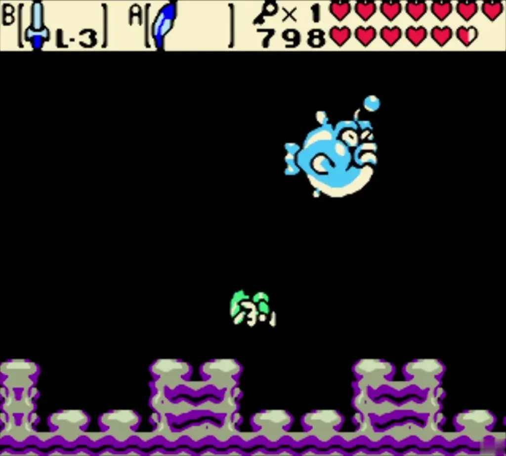 Blue Angler Fish with bubbles swooping in the dark side-view room of Jabu-Jabu's Belly