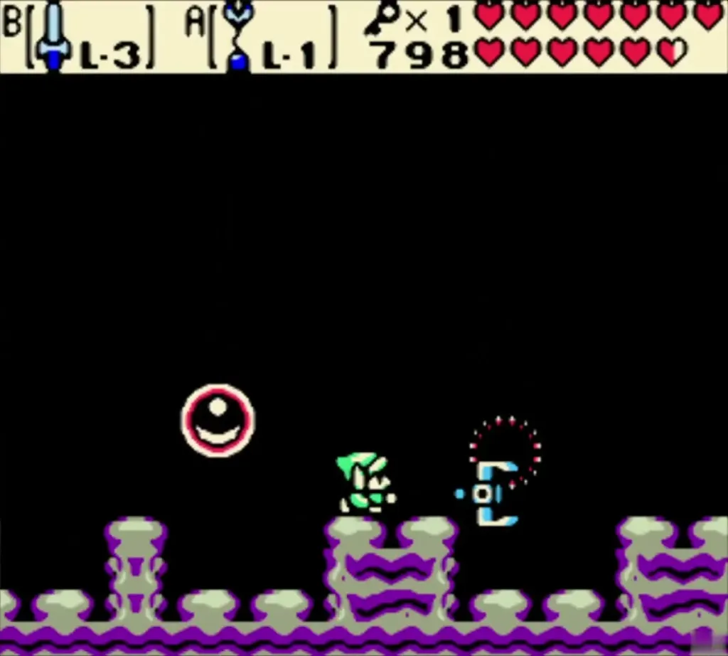 Link facing the Angler Fish's ring attack in the side-view room of Jabu-Jabu's Belly