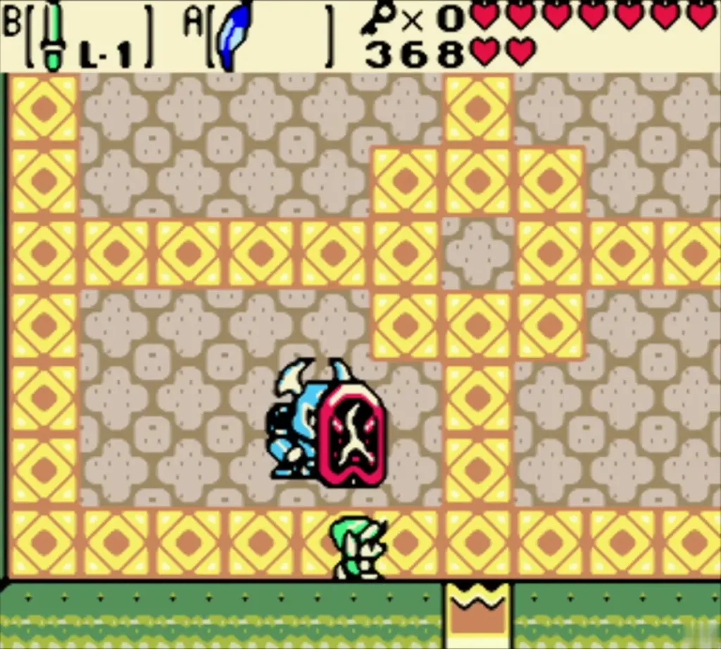 Armos Warrior with its red shield raised in the Skull Dungeon, Link below