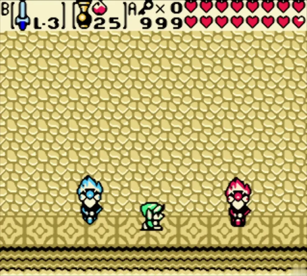 Koume and Kotake, the blue and red witches, standing on the sand room floor