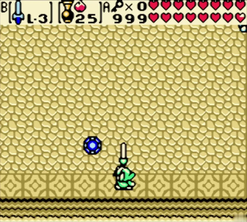 Link raising his sword against a blue ice shot in the Room of Rites sand room