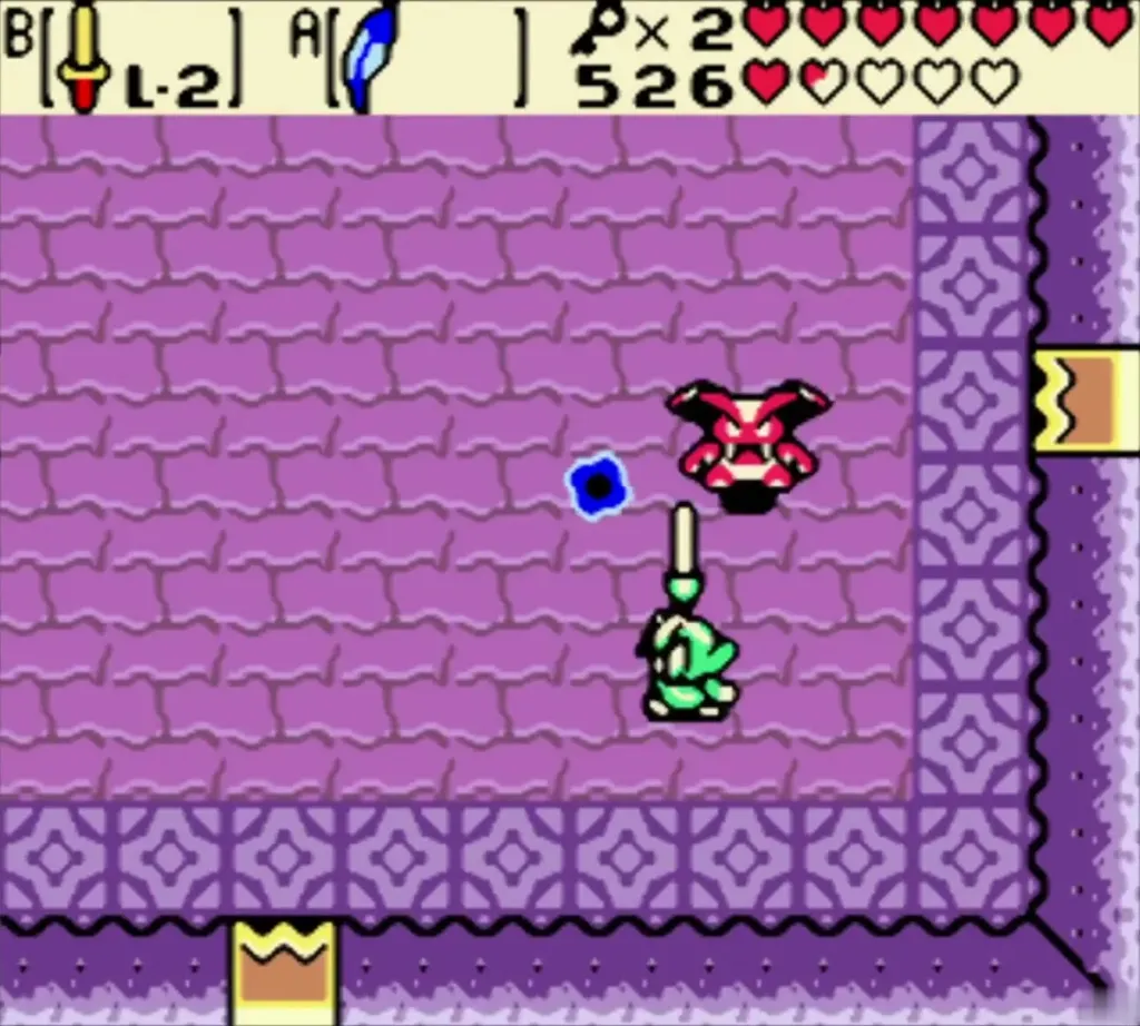 Link raising his sword beneath Vire in the purple stone room