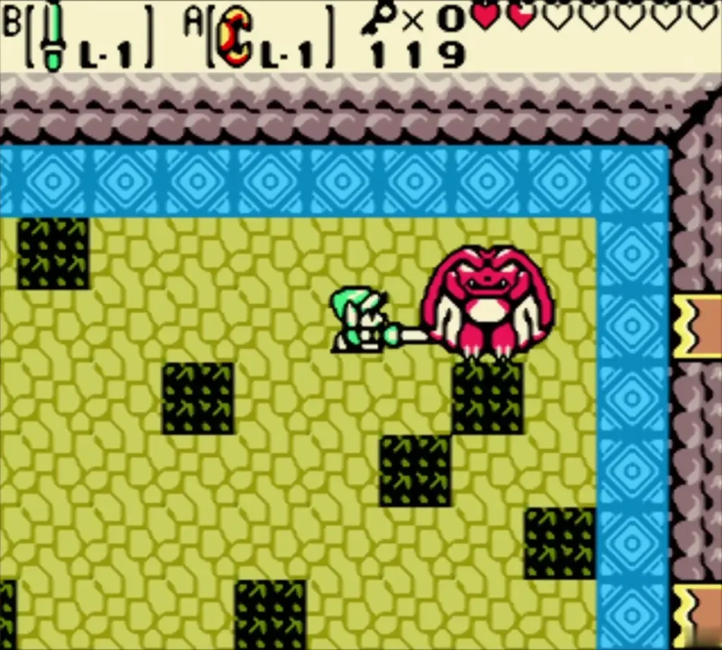 Link thrusting his sword at Swoop on the east side of the room