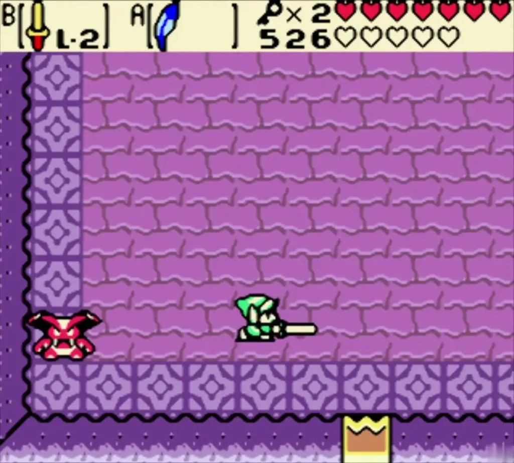 Link thrusting his sword toward Vire at the left wall of the purple room