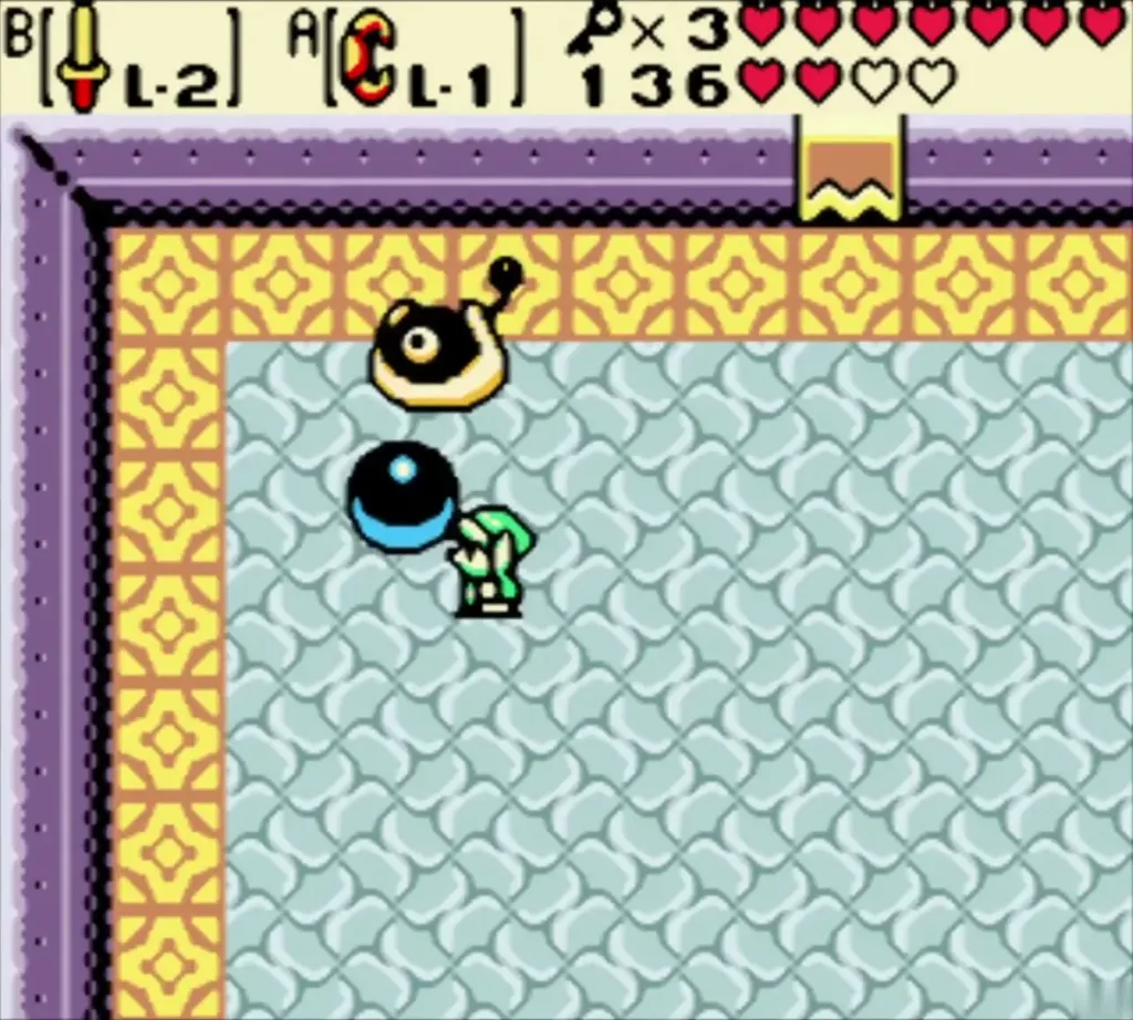 Smasher above and its ball beside Link on the blue tile floor