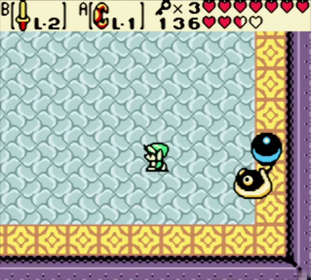 Smasher beside its dark ball on the ground floor of the Crown Dungeon with Link centre