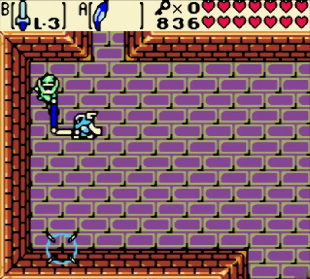 Blue Stalfos skeleton and Link fighting in the purple-brick Ancient Tomb room