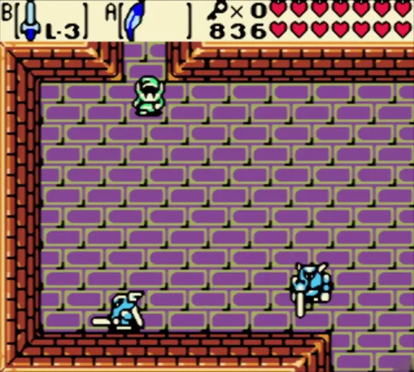 Blue Stalfos skeleton with sword in the purple-brick Ancient Tomb room with Link above