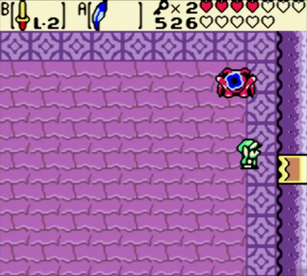 Vire near the east door of the purple stone room with Link below