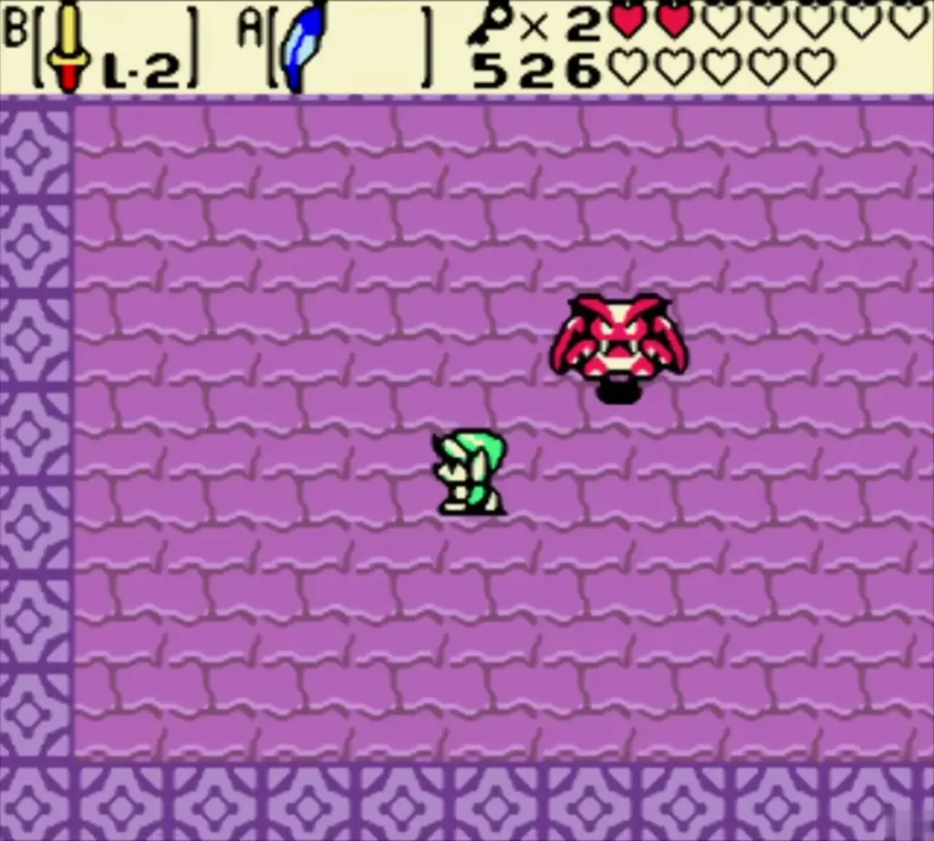 Vire backing away across the purple stone room with Link watching