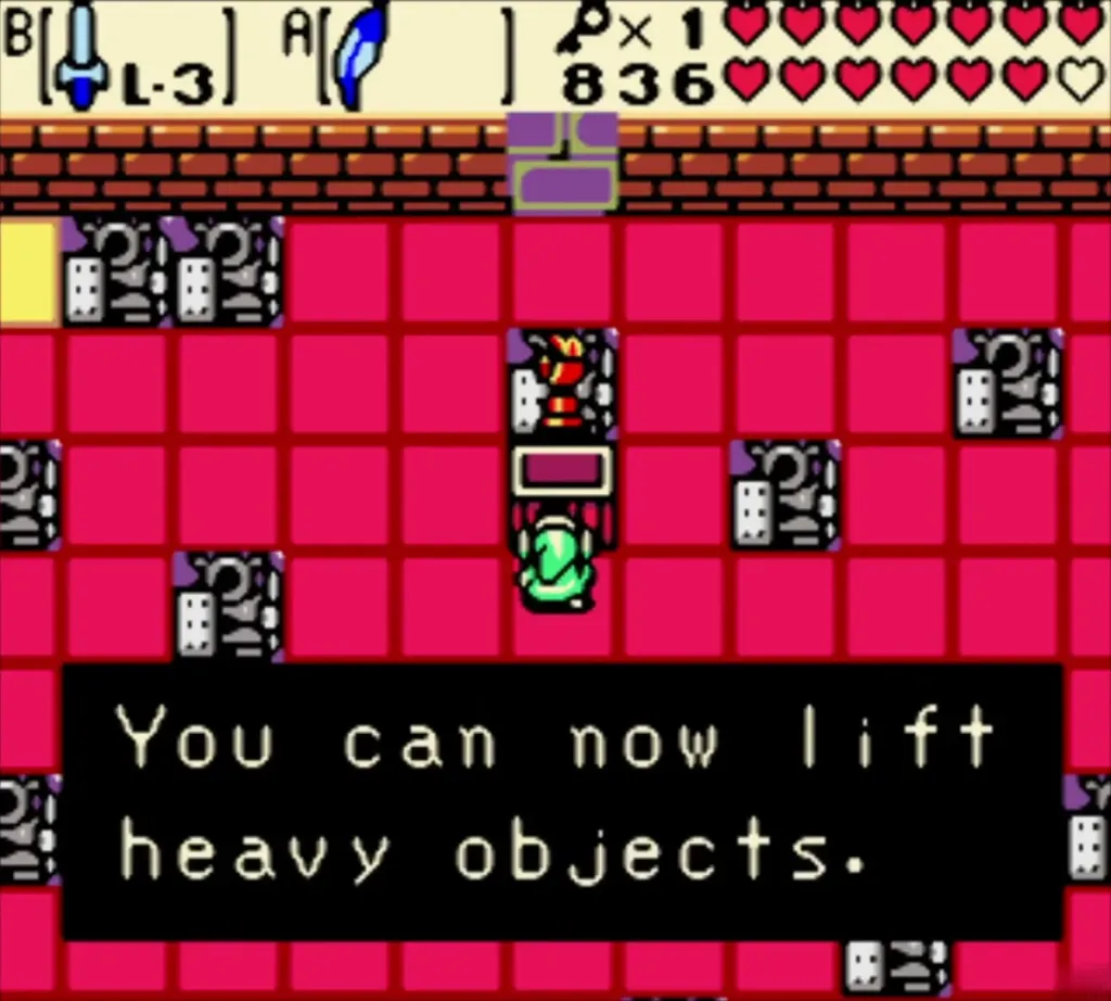 Link holds the Power Glove overhead with the box about lifting heavy objects Link holds the Power Glove overhead with the box about lifting heavy objects