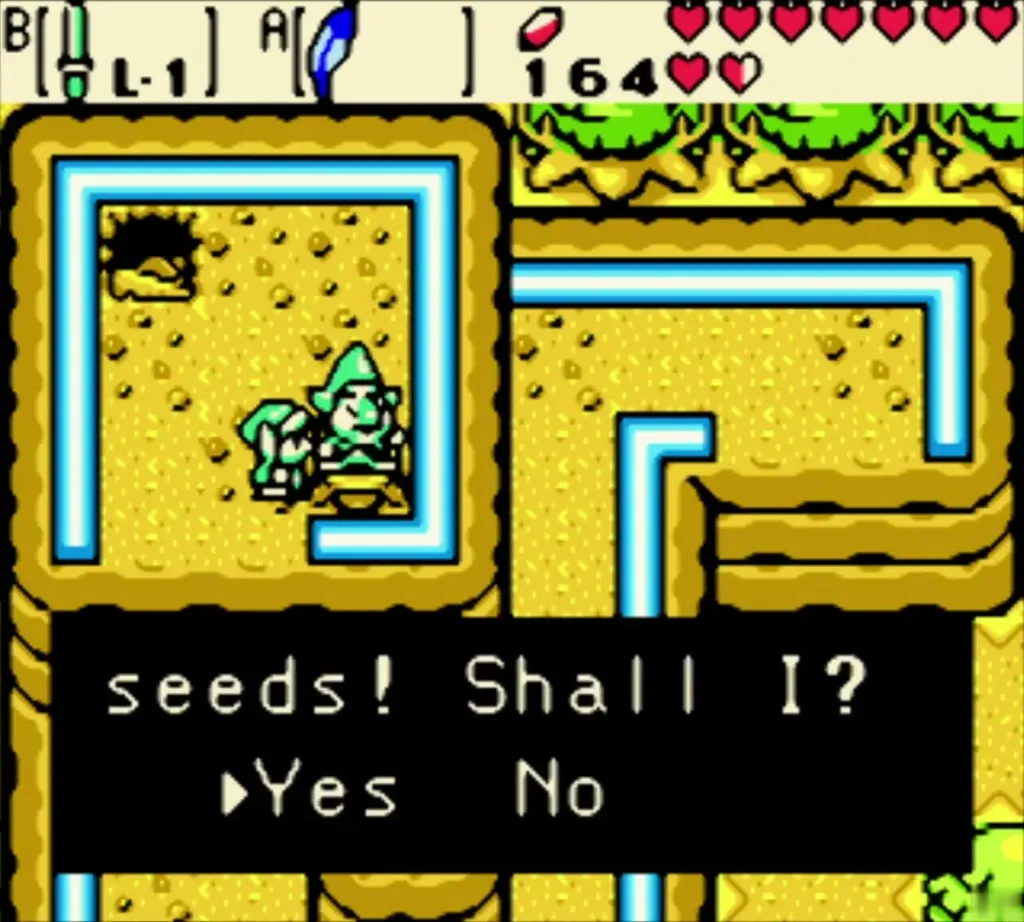 Tingle asking Link Shall I? with Yes and No choices on Crescent Island Tingle asking Link Shall I? with Yes and No choices on Crescent Island