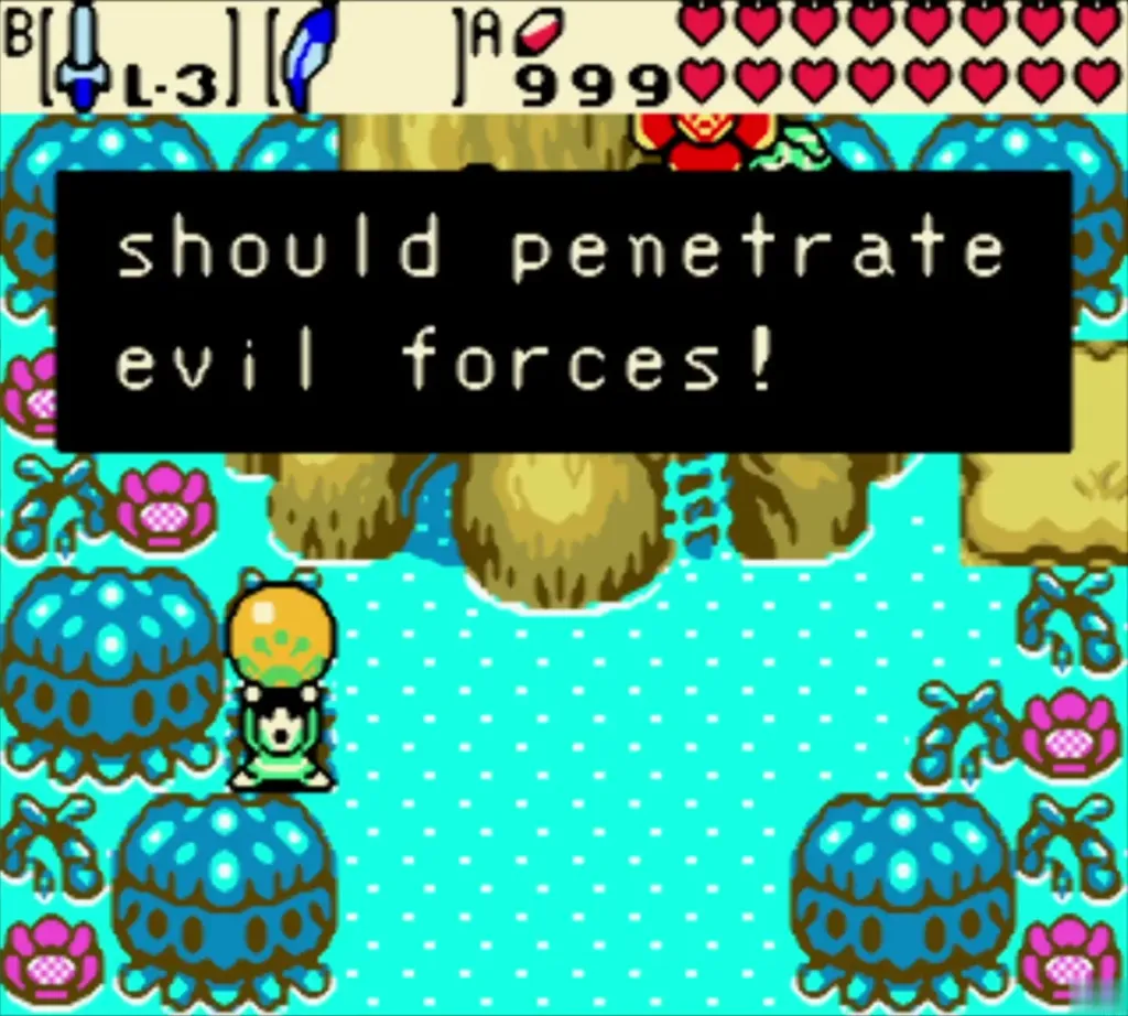 Link holding the Huge Maku Seed with the complete item box in the Maku Tree room Link holding the Huge Maku Seed with the complete item box in the Maku Tree room