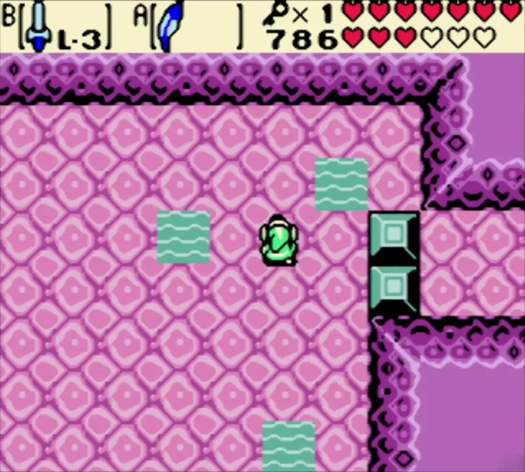 Link walking through the pink room of Jabu-Jabu's Belly beside a green stone block Link walking through the pink room of Jabu-Jabu's Belly beside a green stone block