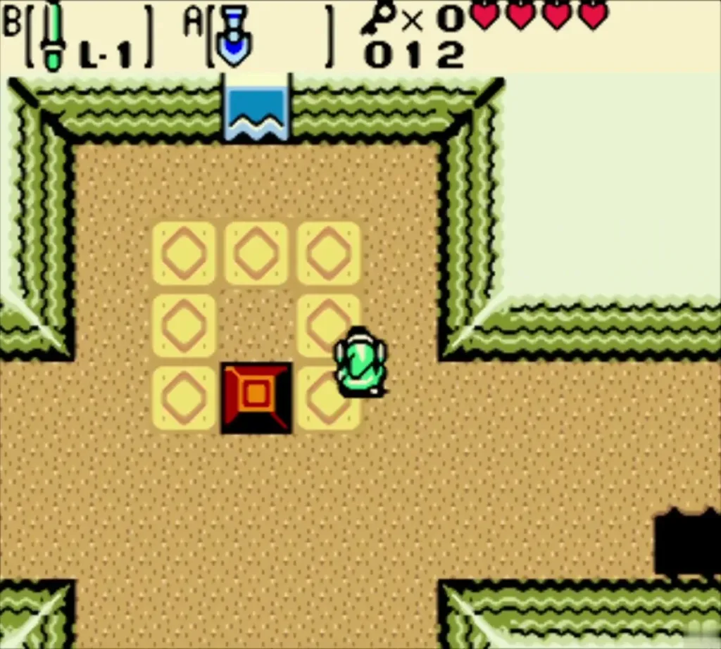 Link in the Maku Path block room beside a red block and yellow floor tiles Link in the Maku Path block room beside a red block and yellow floor tiles
