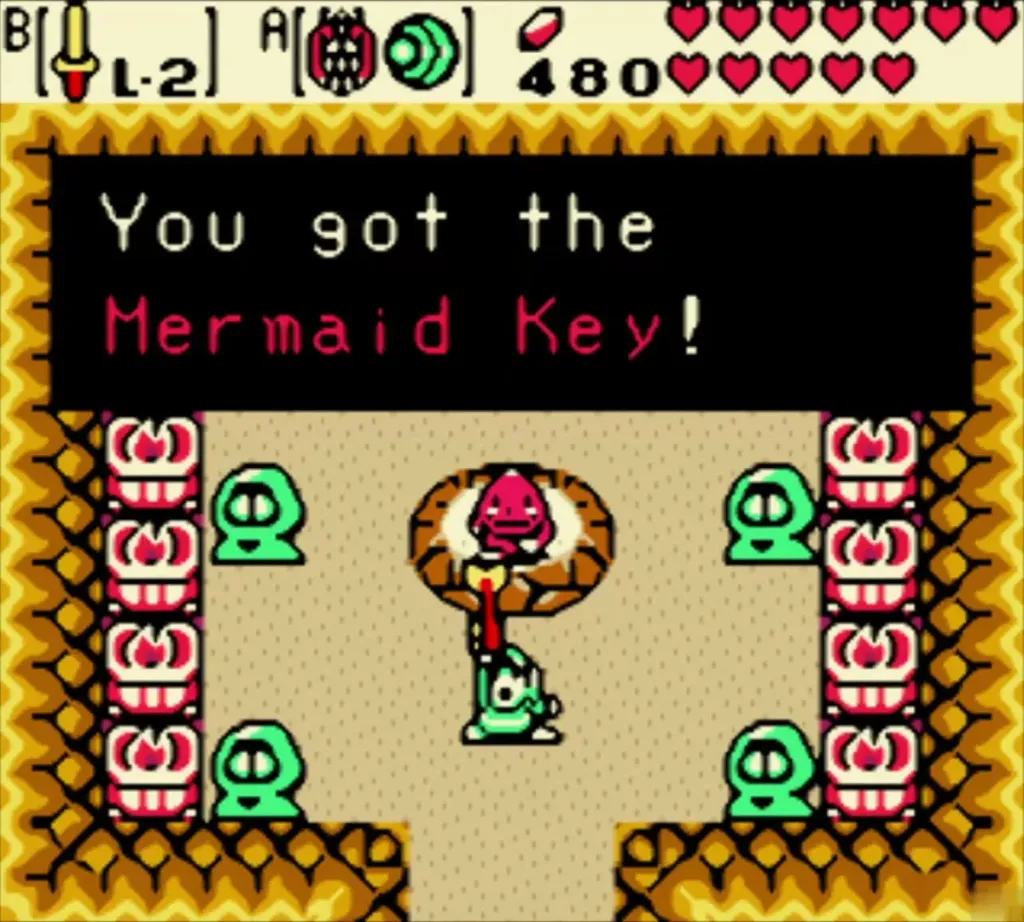 Link holding the Mermaid Key over his head with the complete item box in the past Link holding the Mermaid Key over his head with the complete item box in the past