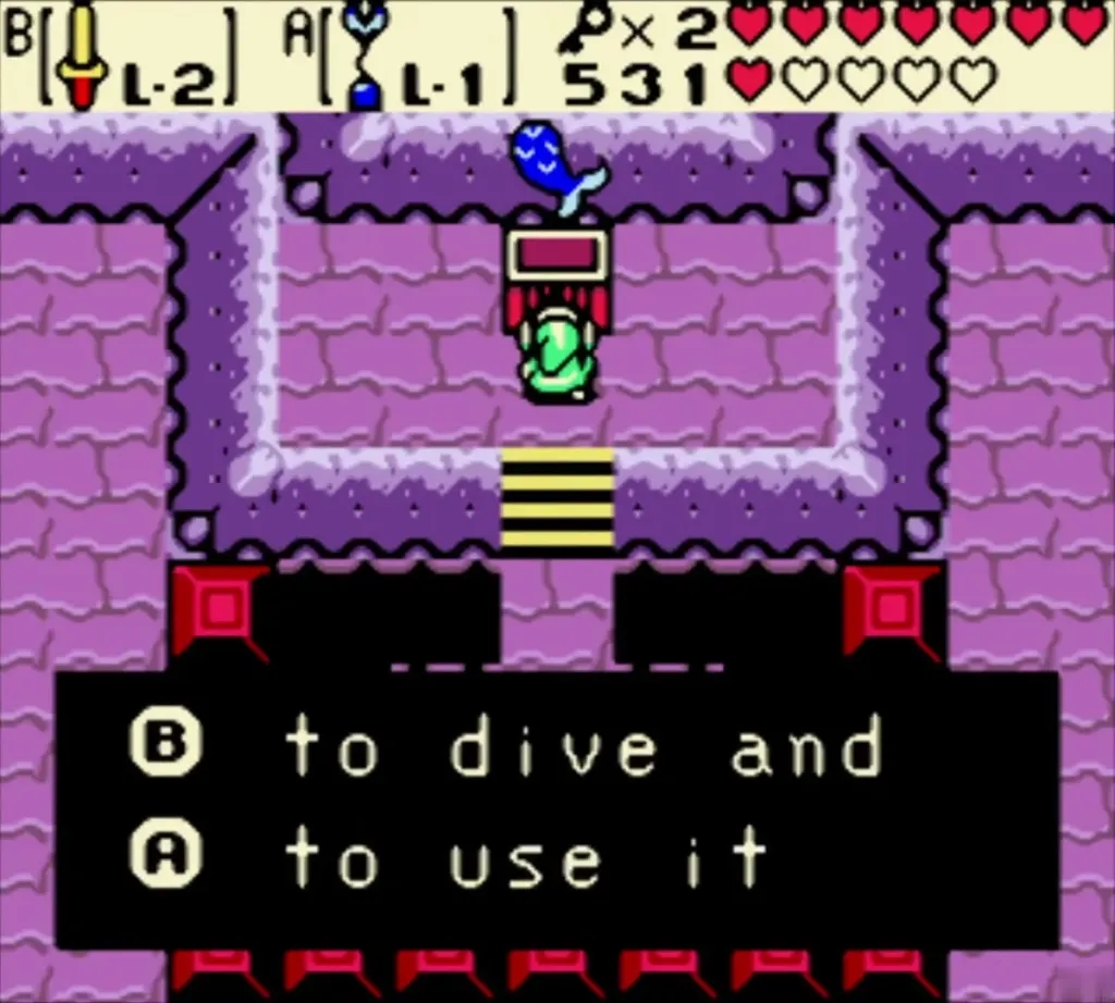 The Mermaid Suit item box in the purple room, reading B to dive and A to use it The Mermaid Suit item box in the purple room, reading B to dive and A to use it