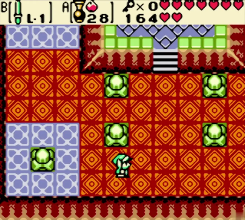 Link walking up the red hall past green statues toward the essence room Link walking up the red hall past green statues toward the essence room