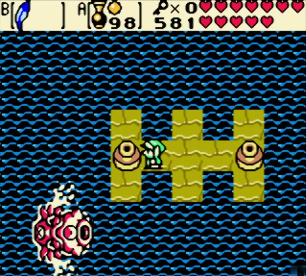 Link on an olive platform beside Octogon in the flooded boss room Link on an olive platform beside Octogon in the flooded boss room