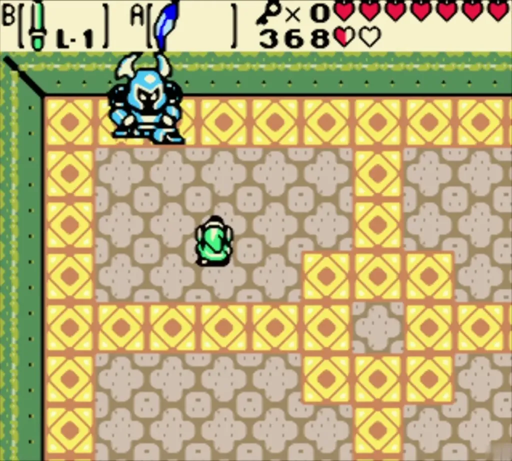 Blue Armos Warrior standing at the top of a diamond-tiled room with Link below Blue Armos Warrior standing at the top of a diamond-tiled room with Link below