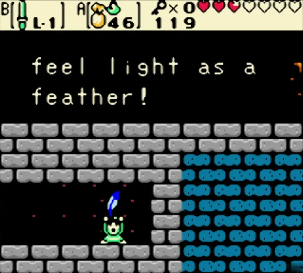 Link holding the Roc's Feather over his head with the complete item box in the Wing Dungeon Link holding the Roc's Feather over his head with the complete item box in the Wing Dungeon