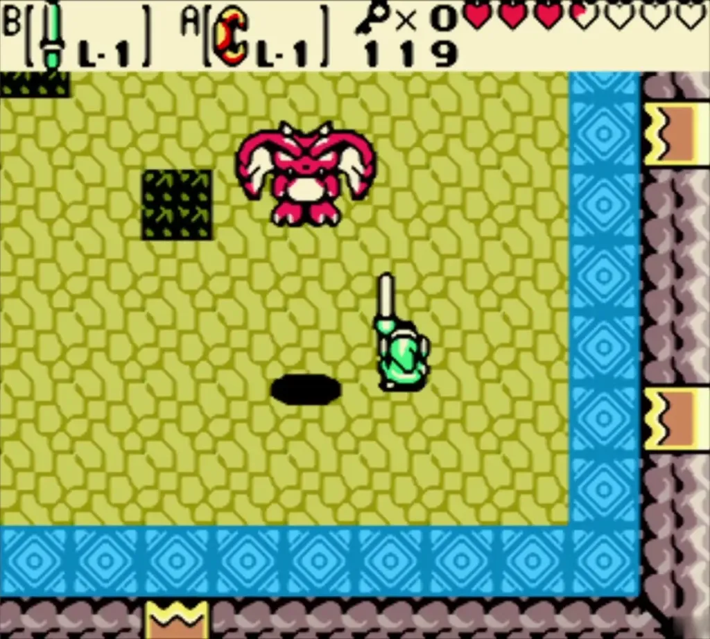Link swinging his sword at Swoop in the Wing Dungeon miniboss room Link swinging his sword at Swoop in the Wing Dungeon miniboss room