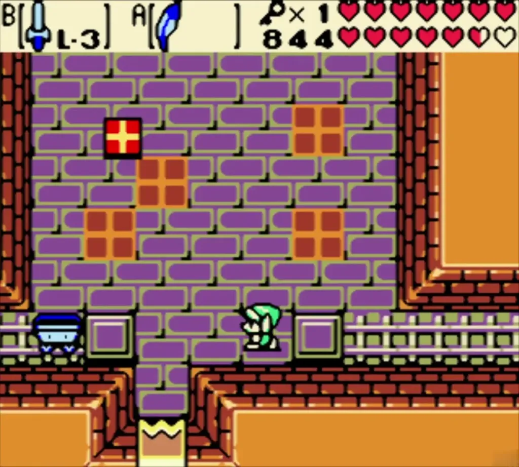 Link crossing a room of the Ancient Tomb along the mine cart track Link crossing a room of the Ancient Tomb along the mine cart track