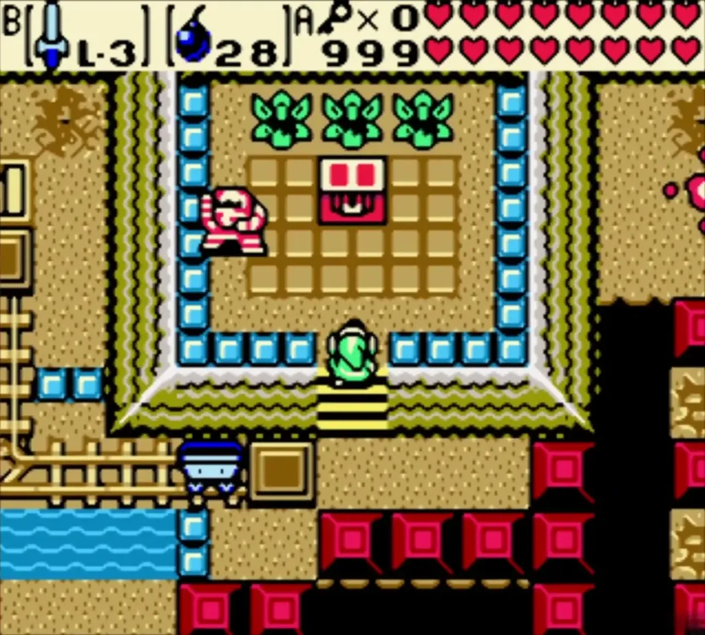 Link entering the chest room below three green statues in Hero's Cave Link entering the chest room below three green statues in Hero's Cave