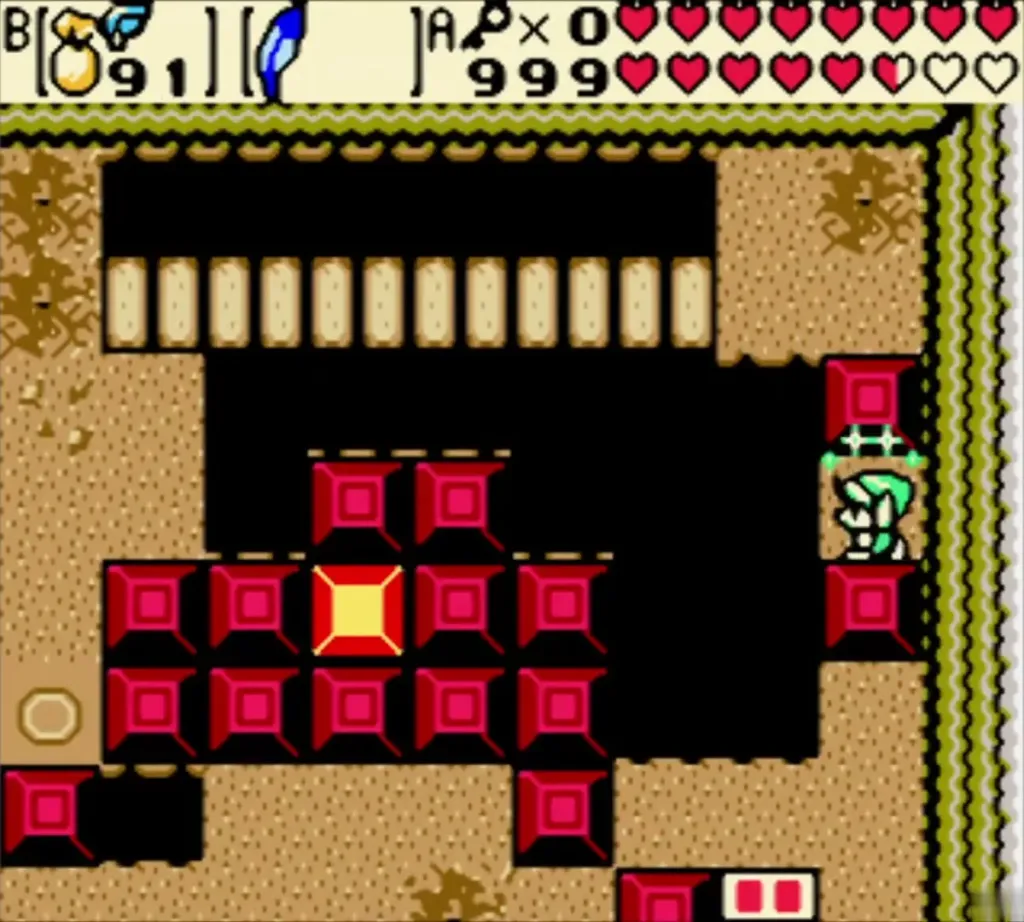 Link beside the pedestal chest in a red-block room of Hero's Cave Link beside the pedestal chest in a red-block room of Hero's Cave