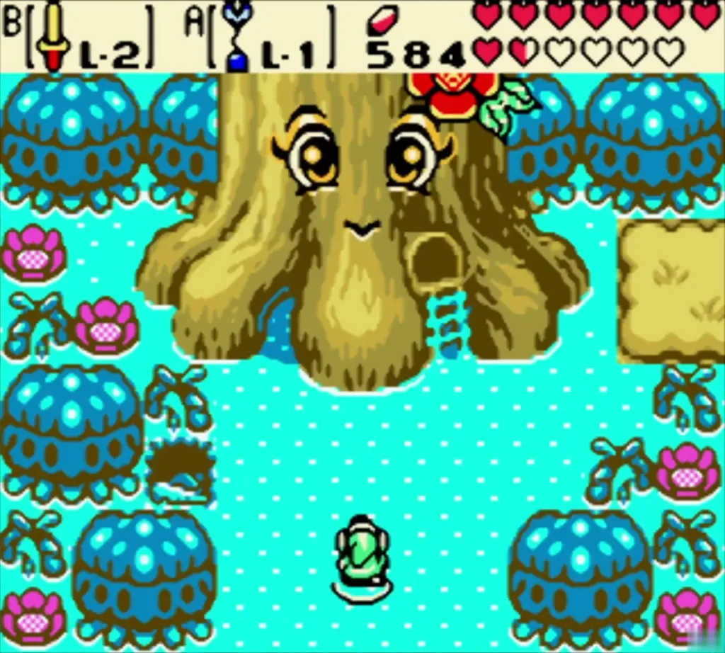 Link below the Maku Tree at its pond, the hole in its side beside the trunk Link below the Maku Tree at its pond, the hole in its side beside the trunk